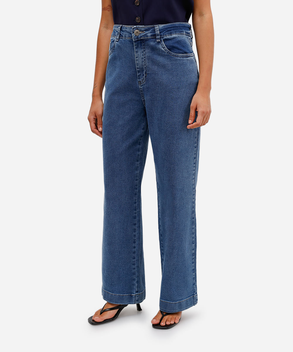 calça jeans wide leg petit cintura alta sawary azul