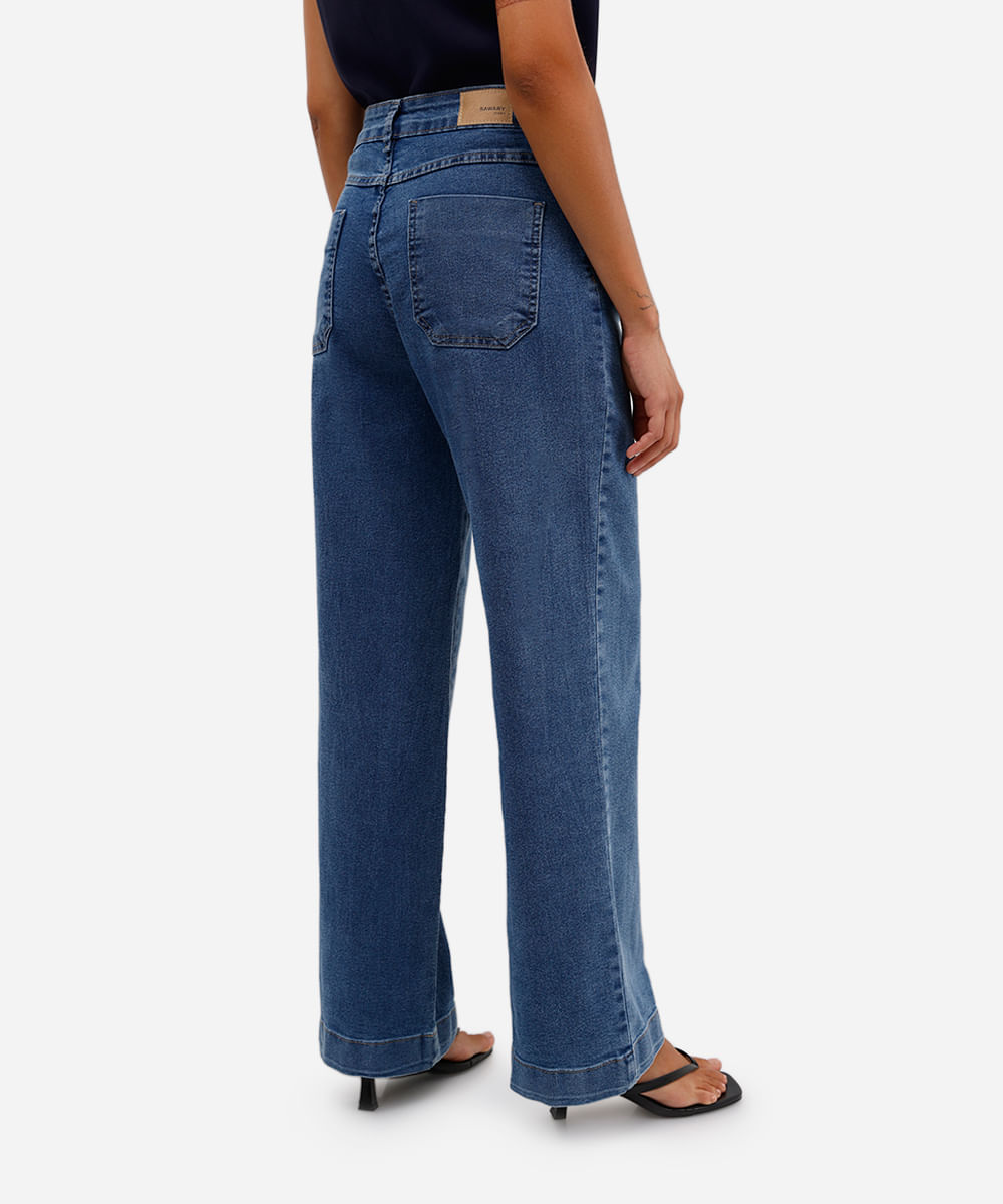calça jeans wide leg petit cintura alta sawary azul