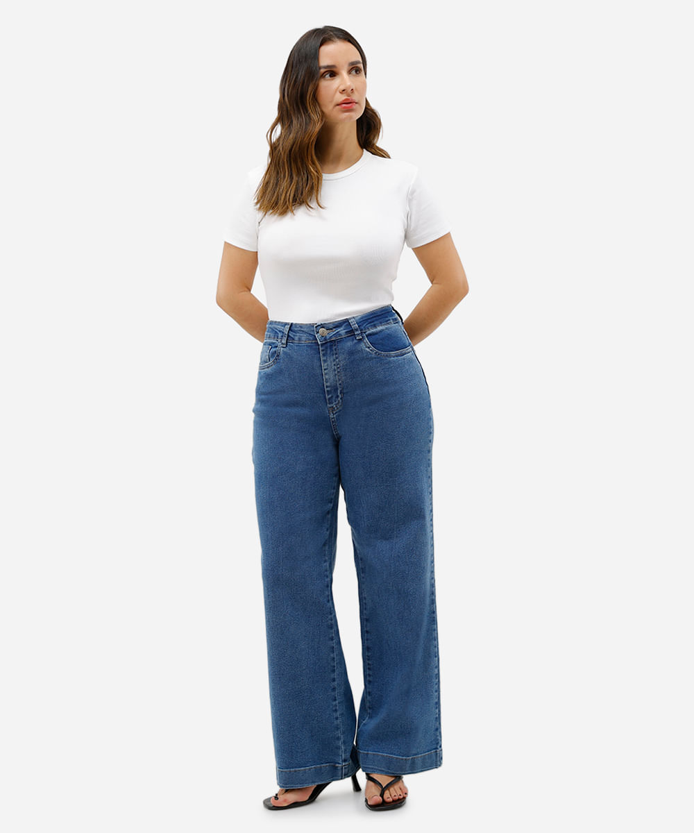 calça jeans wide leg petit cintura alta sawary azul