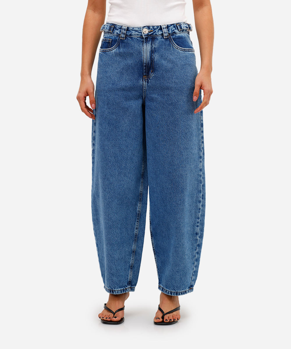 calça baggy petit feminina jeans cintura ajustável azul