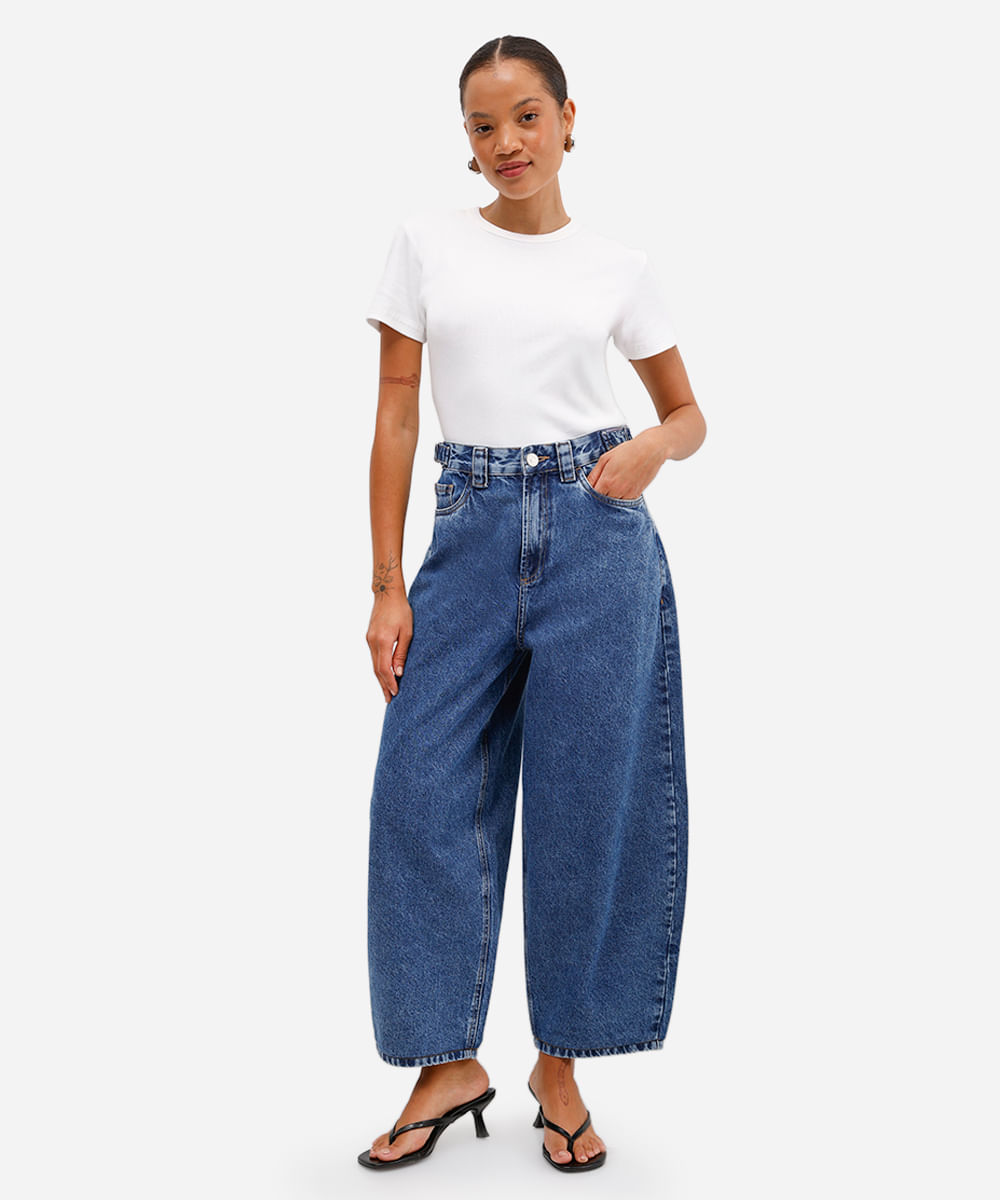 calça baggy petit feminina jeans cintura regulável  azul