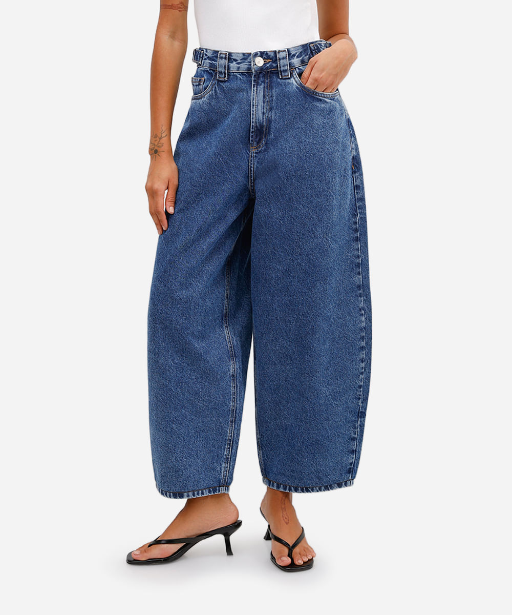 calça baggy petit feminina jeans cintura regulável  azul