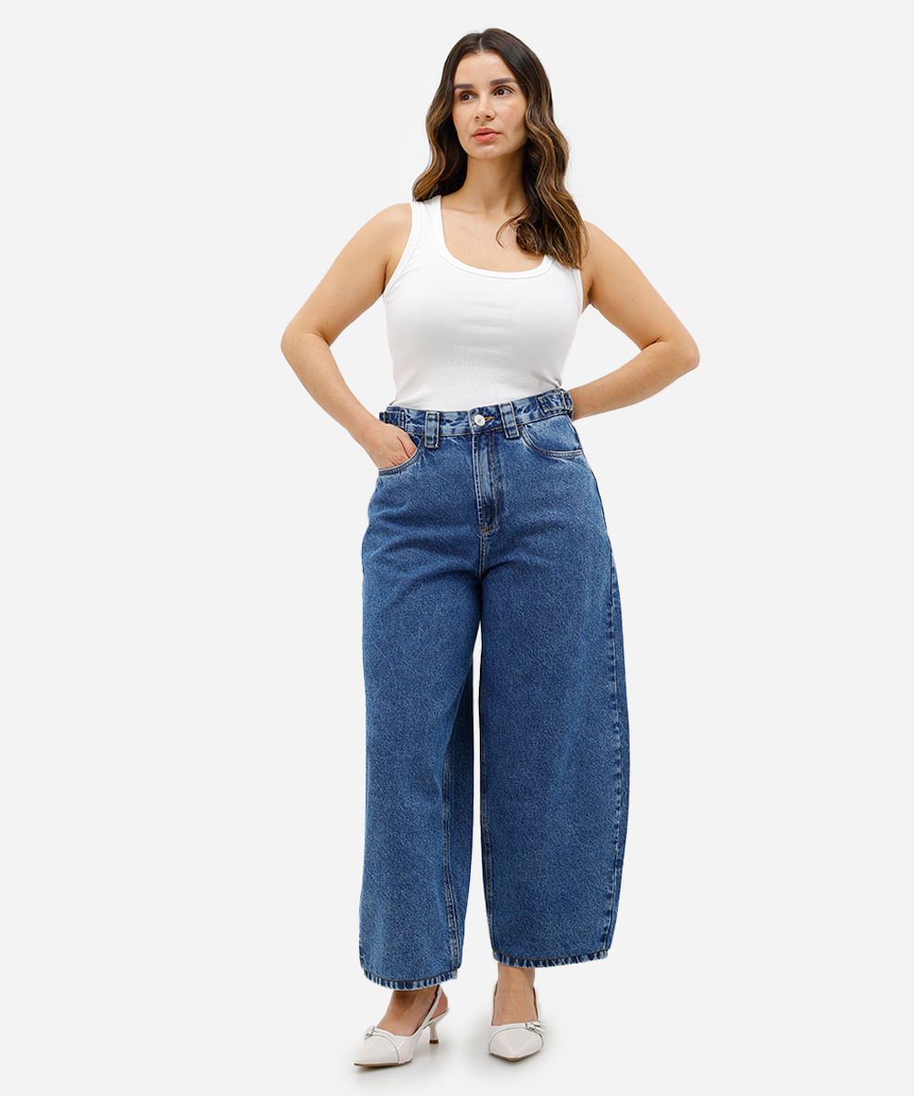 calça baggy petit feminina jeans cintura regulável  azul