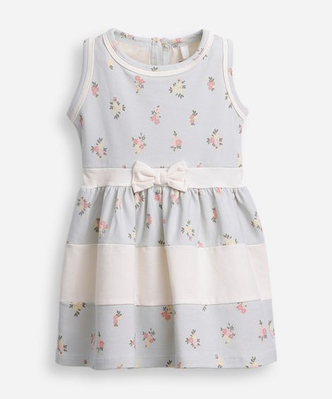 vestido infantil de algodão com recortes e laço liberty azul
