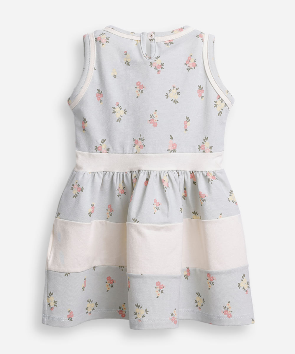 vestido infantil de algodão com recortes e laço liberty azul