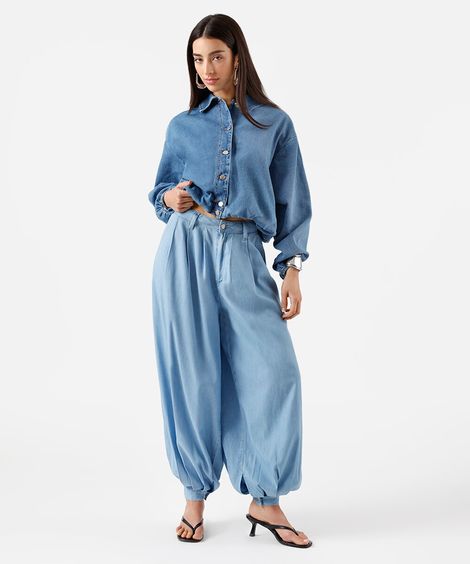 calça aladim feminina jeans com pregas azul