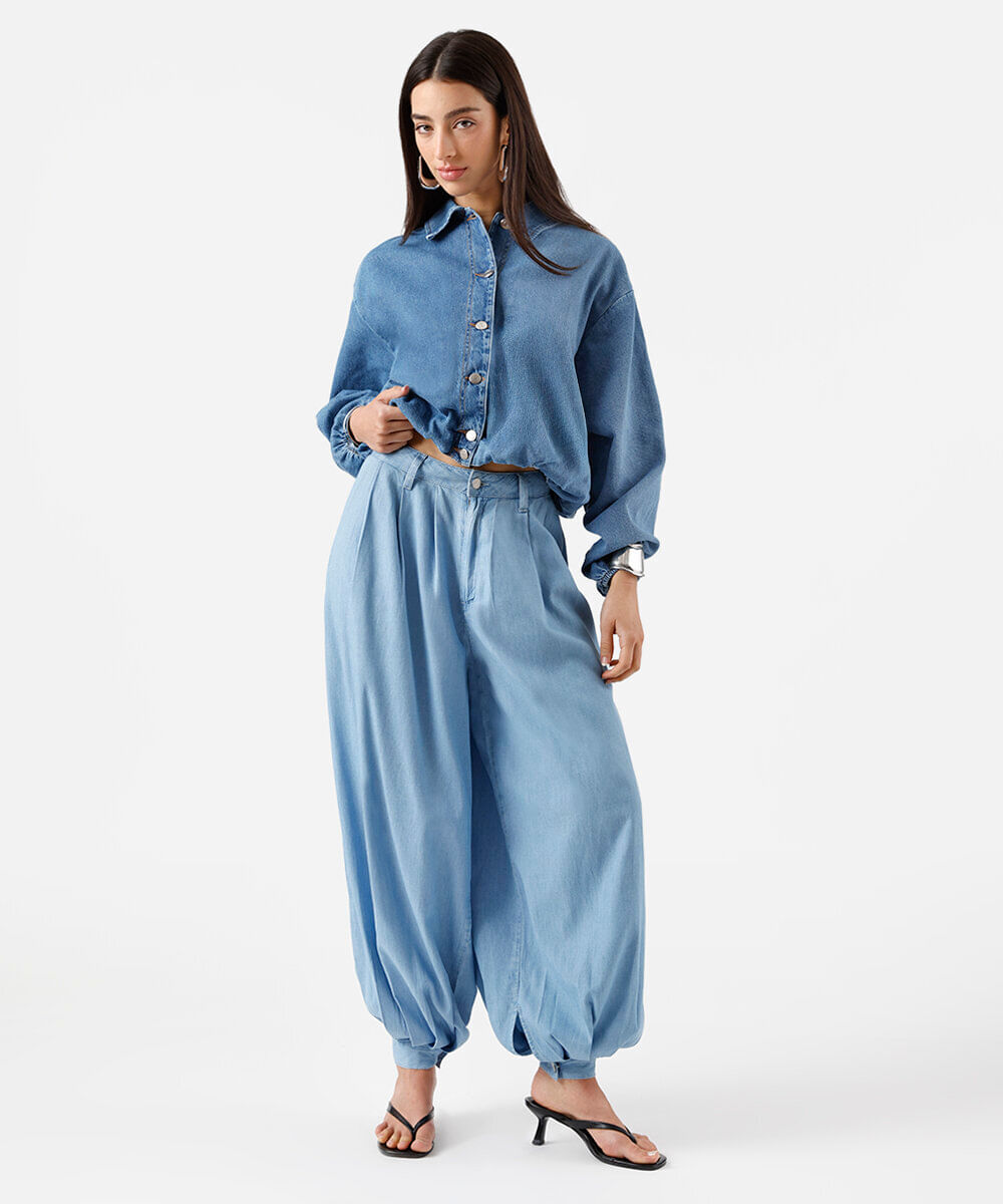 calça aladim feminina jeans com pregas azul