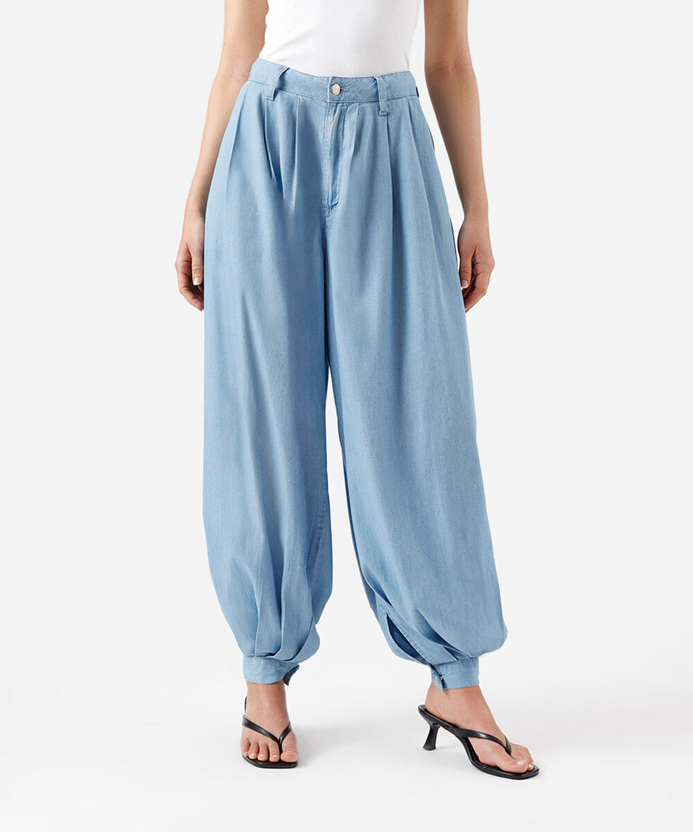 calça aladim feminina jeans com pregas azul