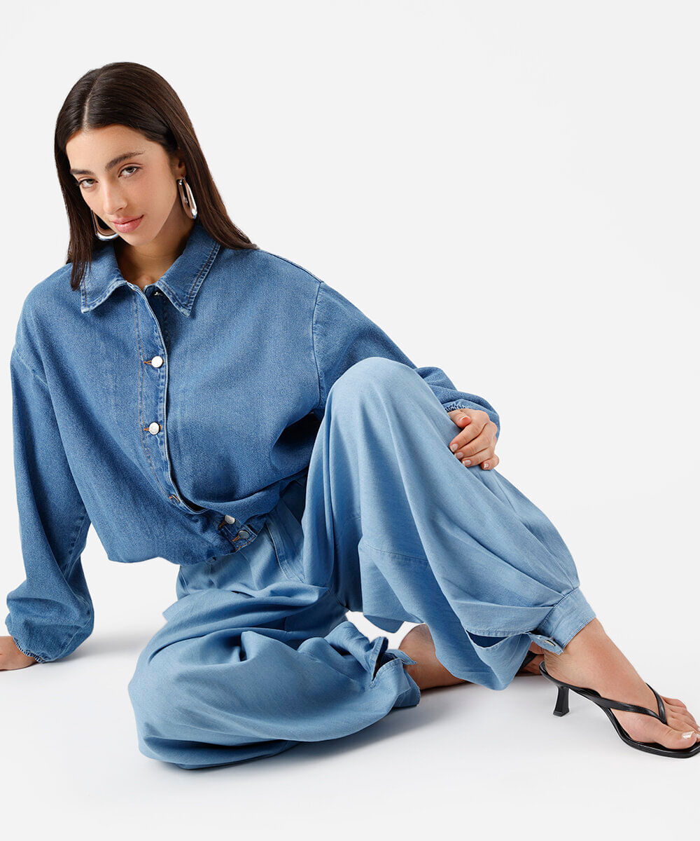 calça aladim feminina jeans com pregas azul