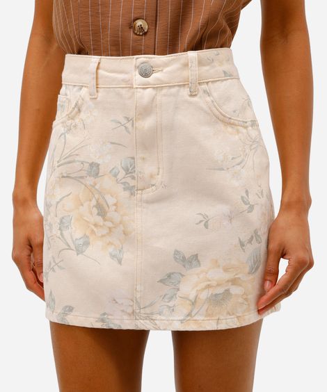 saia curta feminina de sarja floral bege