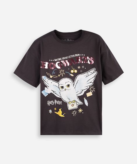camiseta juvenil oversized harry potter coruja cinza