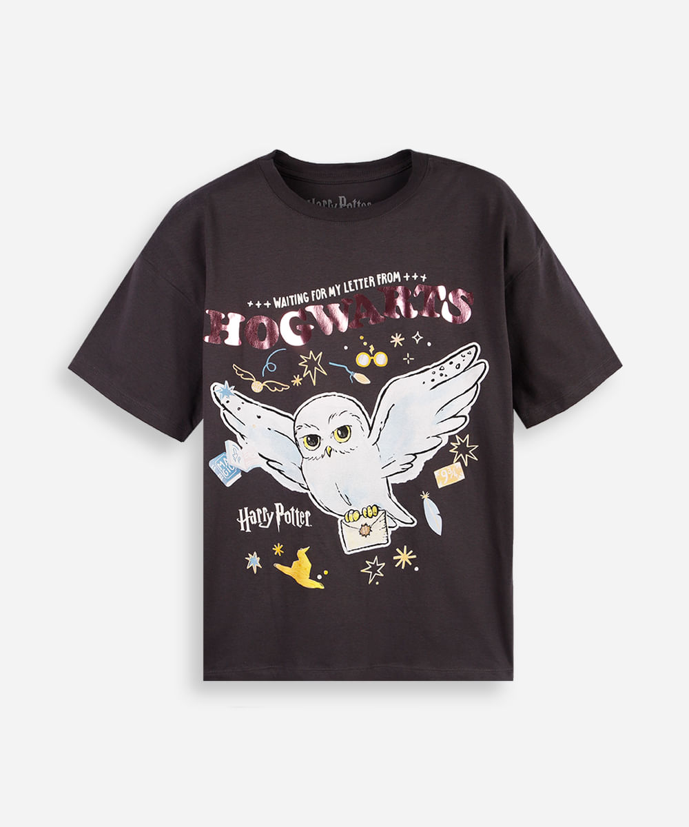 camiseta juvenil oversized harry potter coruja cinza