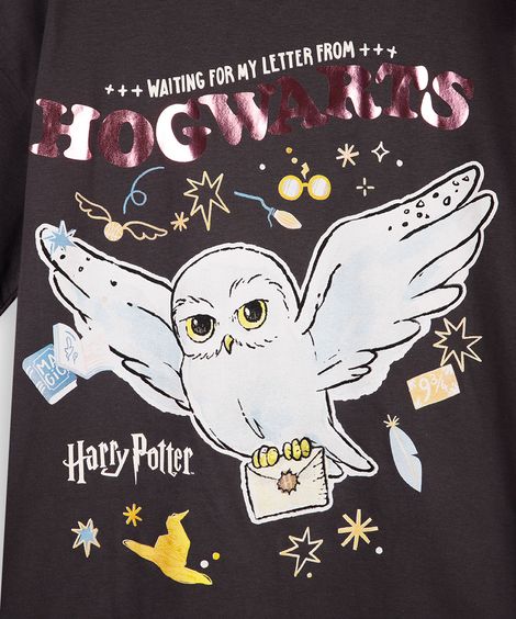 camiseta juvenil oversized harry potter coruja cinza