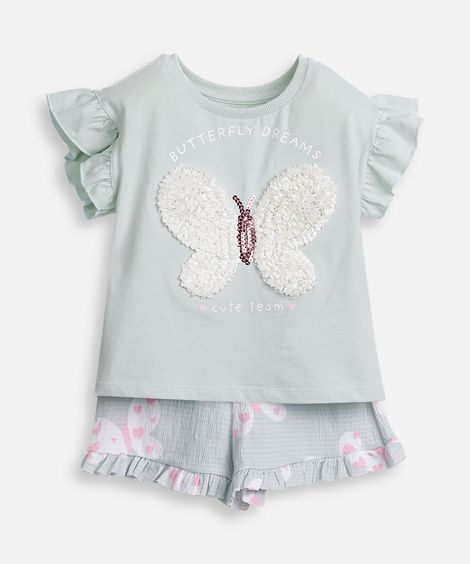 conjunto infantil de algodão borboleta com paetê verde