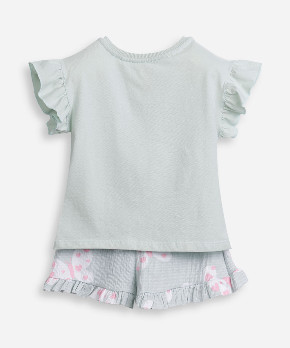 conjunto infantil de algodão borboleta com paetê verde