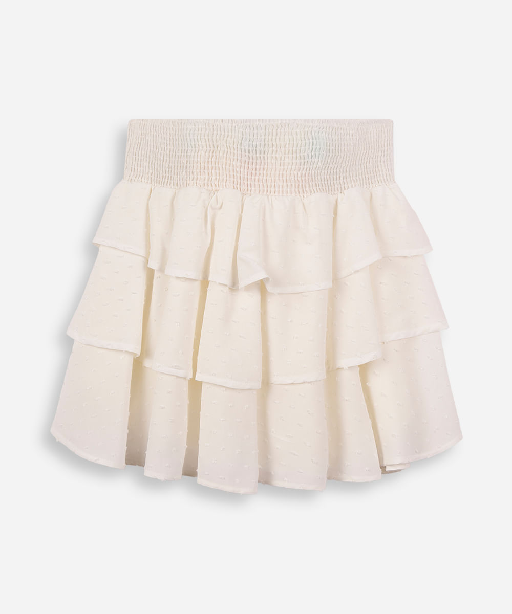 saia curta juvenil de viscose com babados texturizada off white