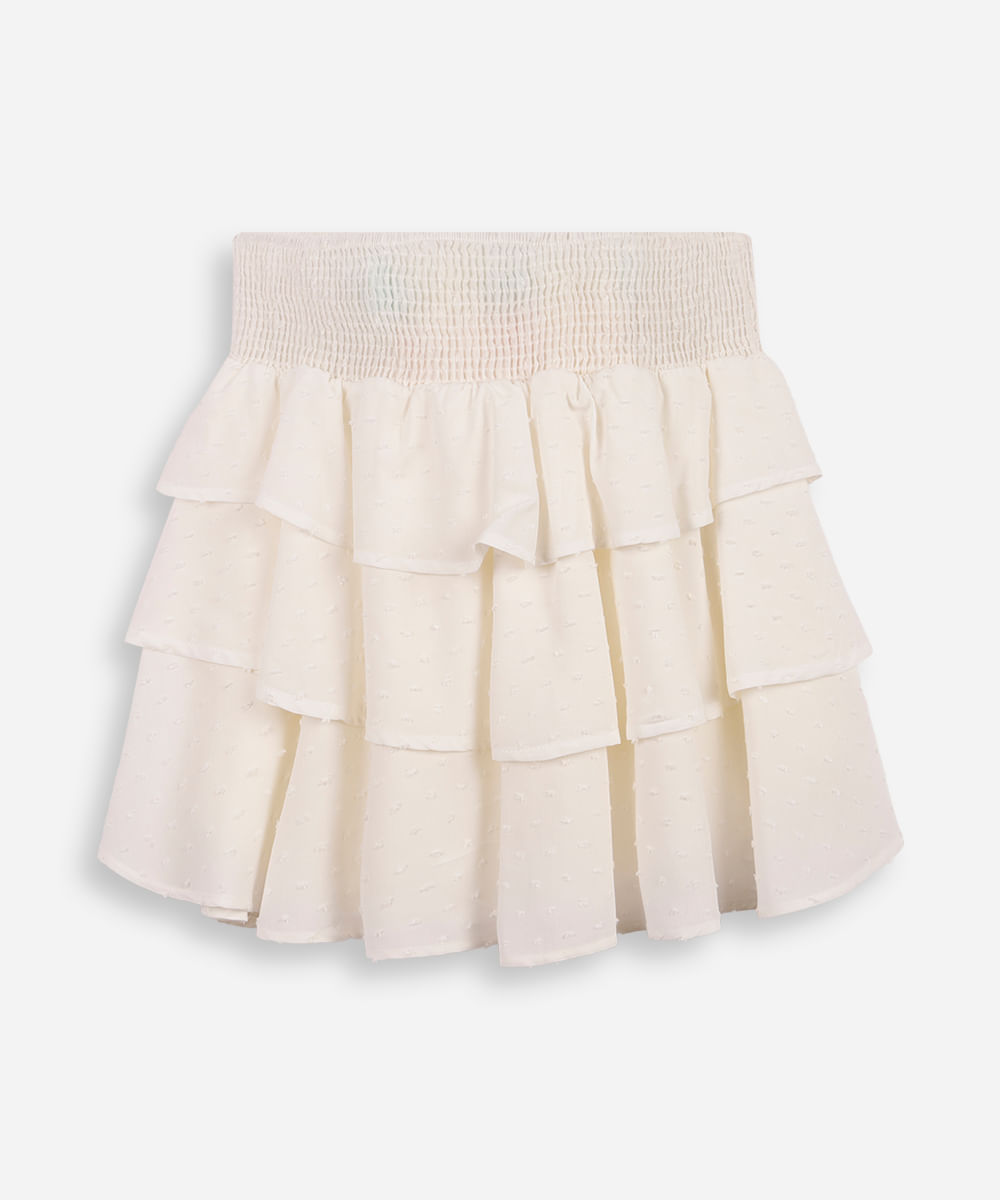 saia curta juvenil de viscose com babados texturizada off white