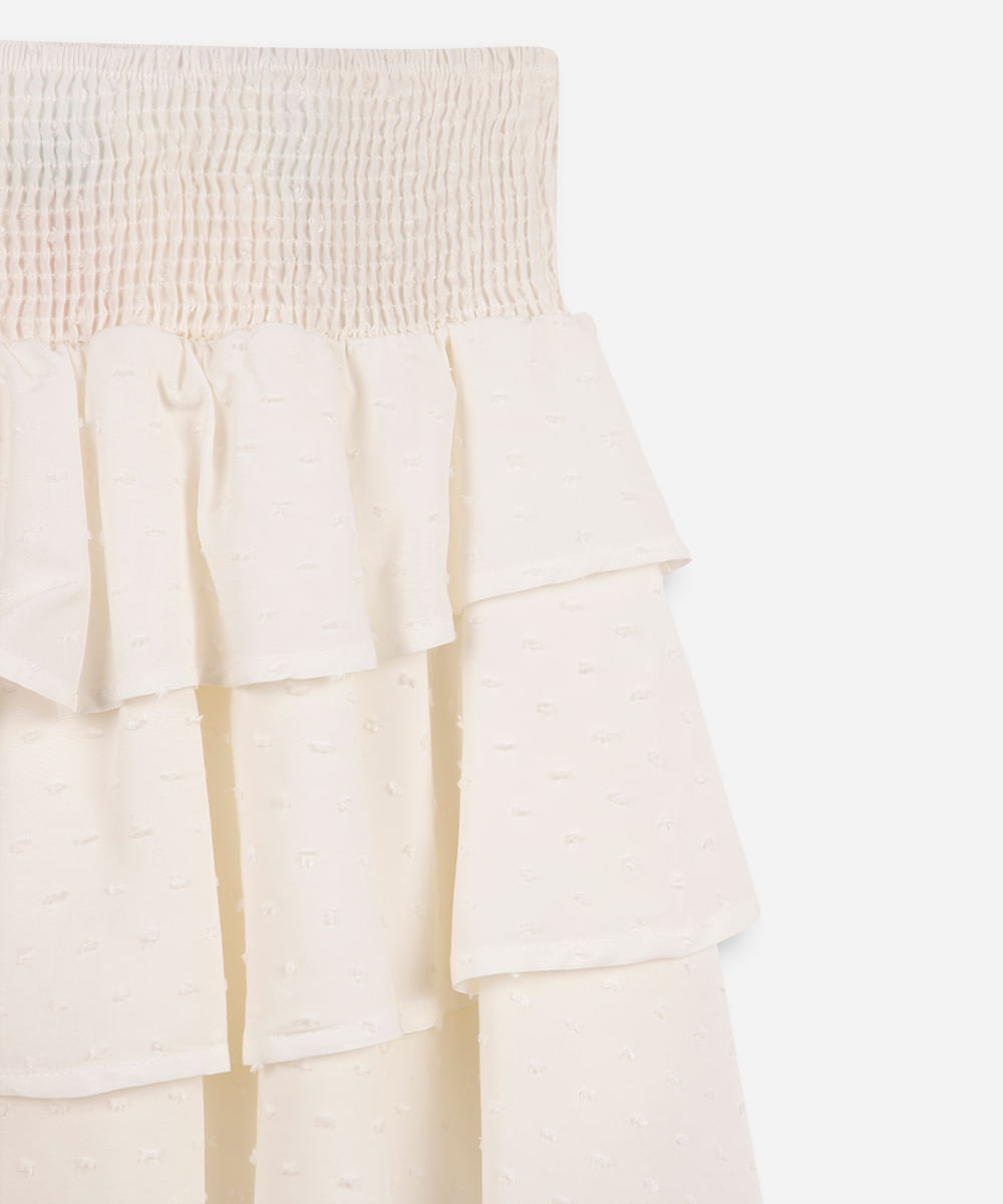 saia curta juvenil de viscose com babados texturizada off white