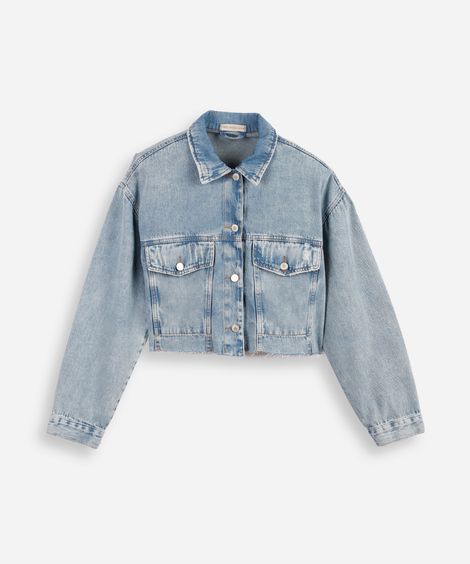 jaqueta cropped juvenil jeans com barra a fio azul