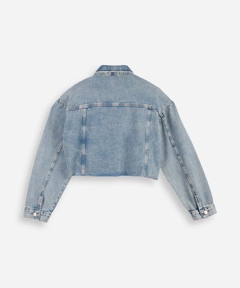jaqueta cropped juvenil jeans com barra a fio azul