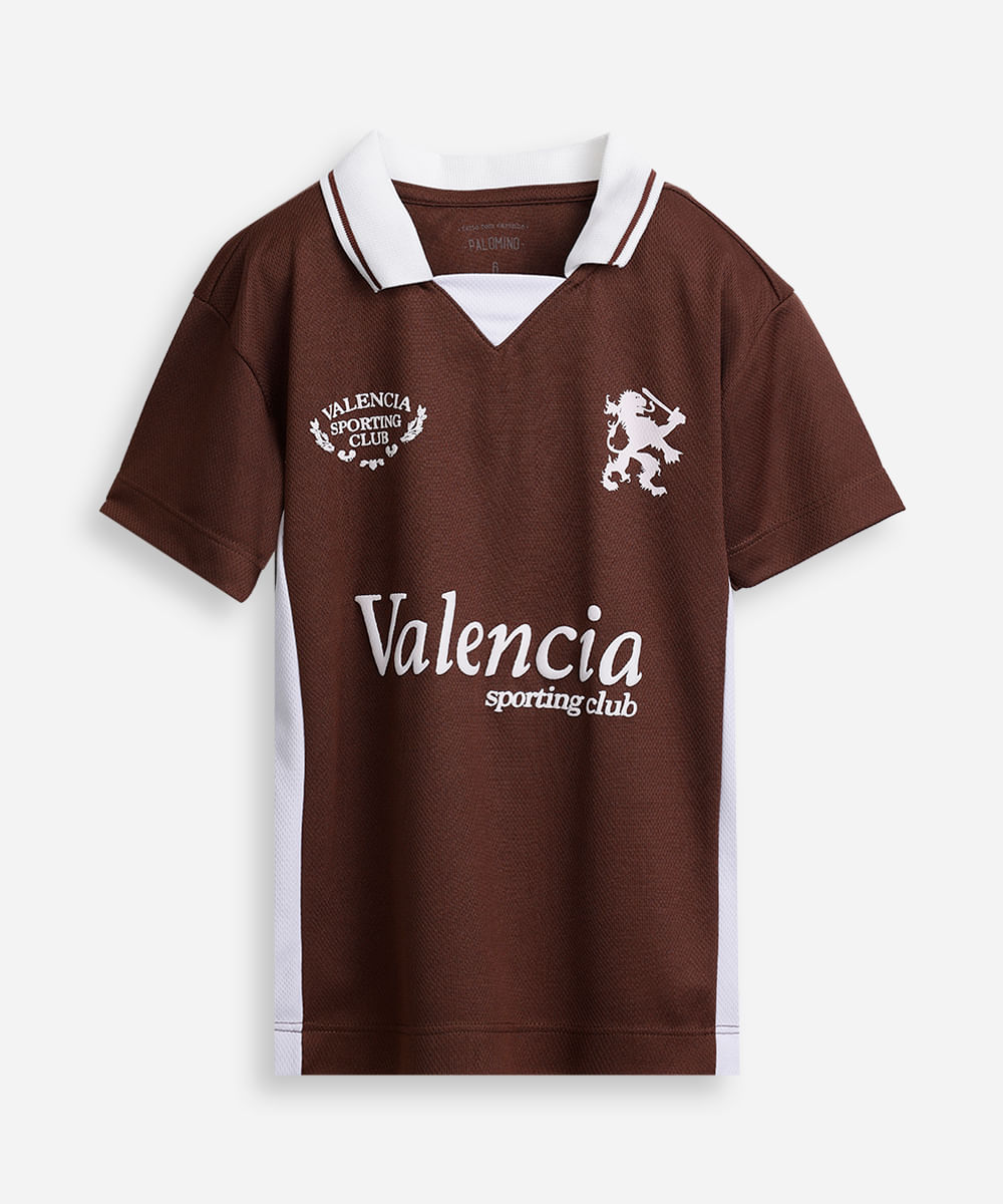 camiseta infantil esportiva com gola estampada marrom