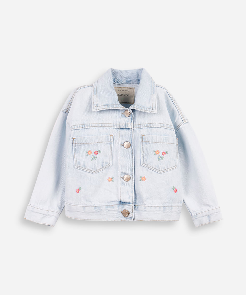 jaqueta infantil jeans com bordado azul