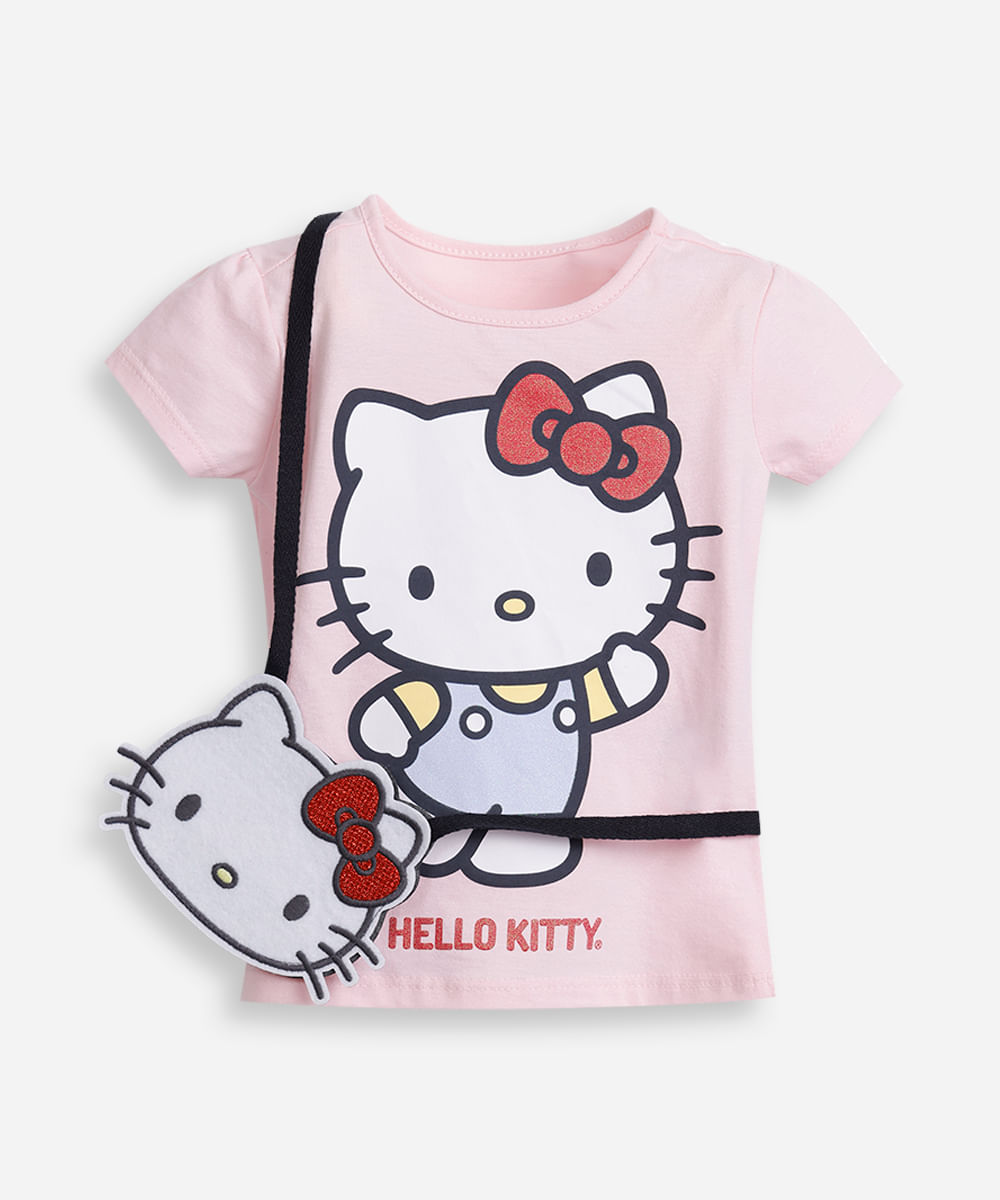 blusa infantil de algodão hello kitty com bolsa rosa