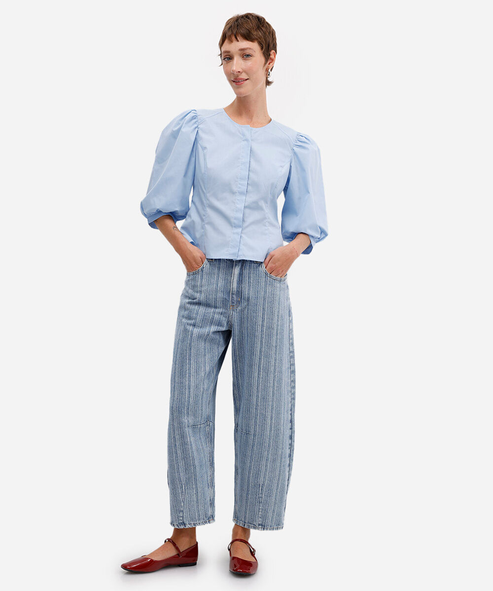 calça barrel feminina jeans listrada azul
