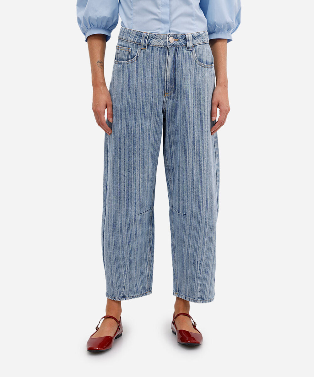 calça barrel feminina jeans listrada azul