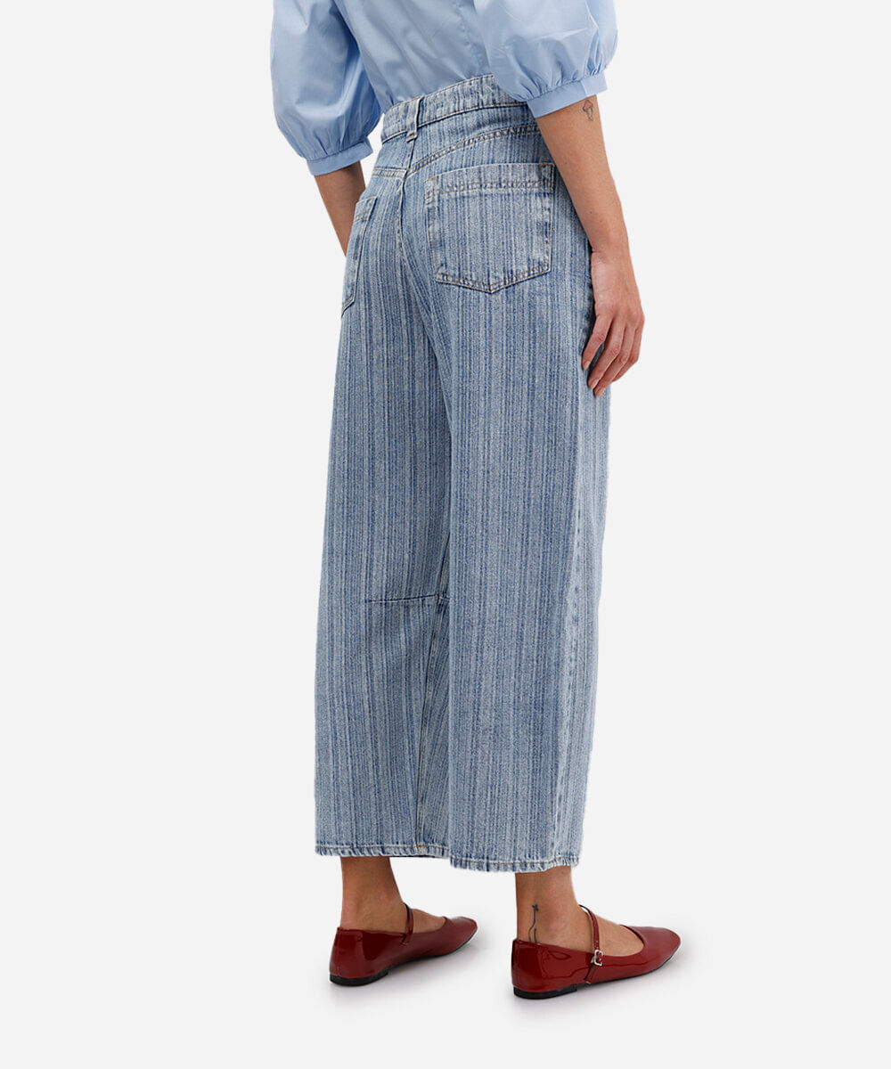 calça barrel feminina jeans listrada azul
