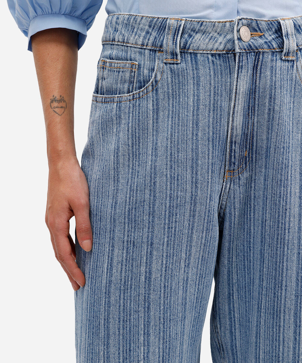calça barrel feminina jeans listrada azul