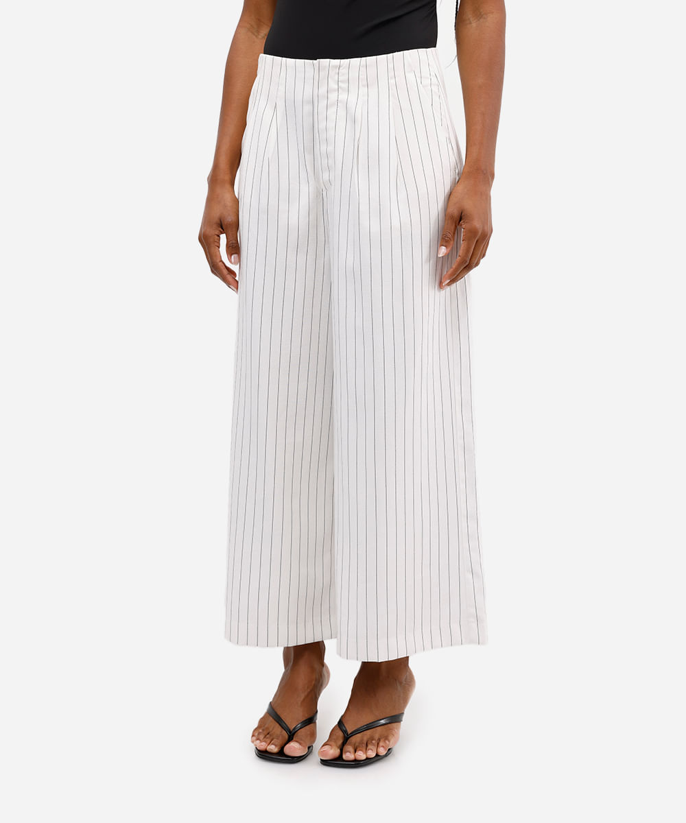 calça feminina wide cropped listrada off white