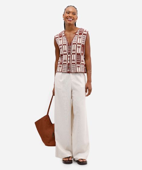 calça wide leg feminina com linho bege