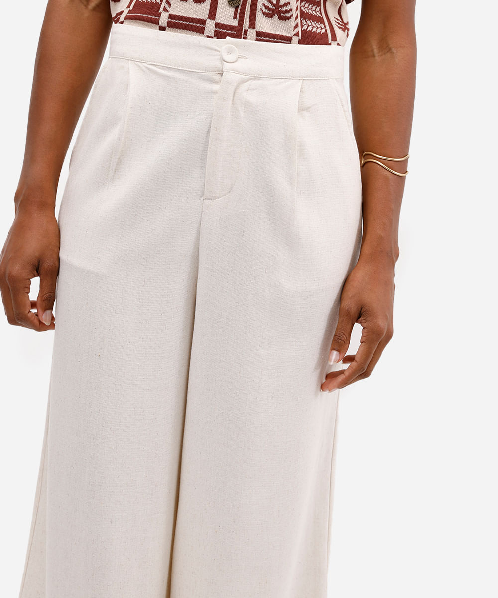 calça wide leg feminina com linho bege