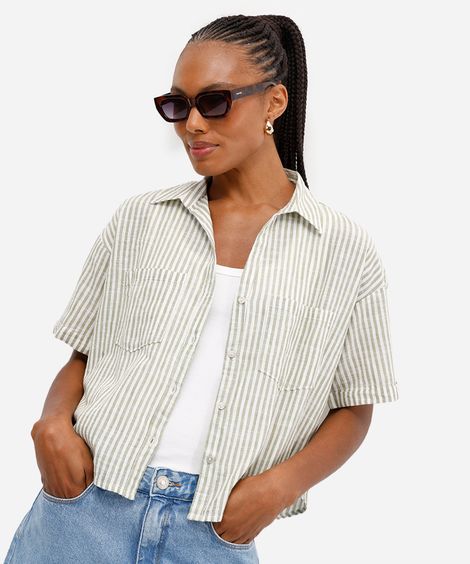 camisa feminina manga curta listrada verde