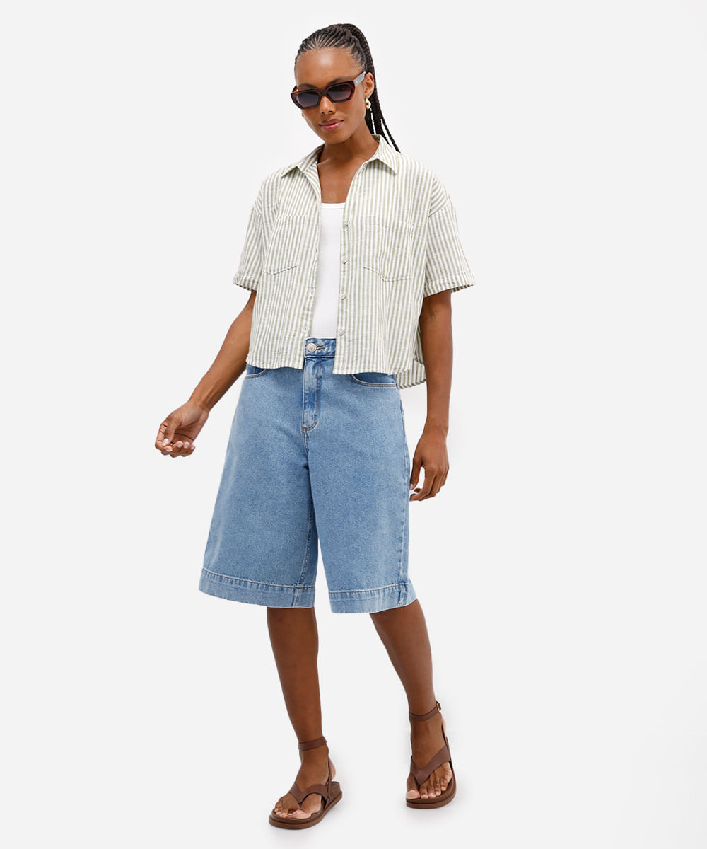 camisa feminina manga curta listrada verde