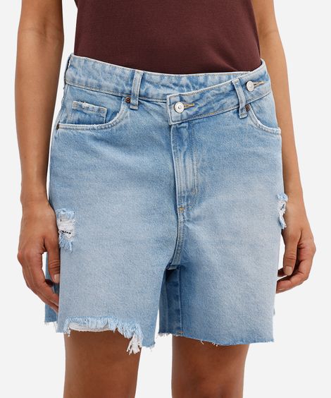bermuda mom feminina jeans cós deslocado destroyed azul