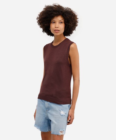 colete básico feminino de tricot marrom