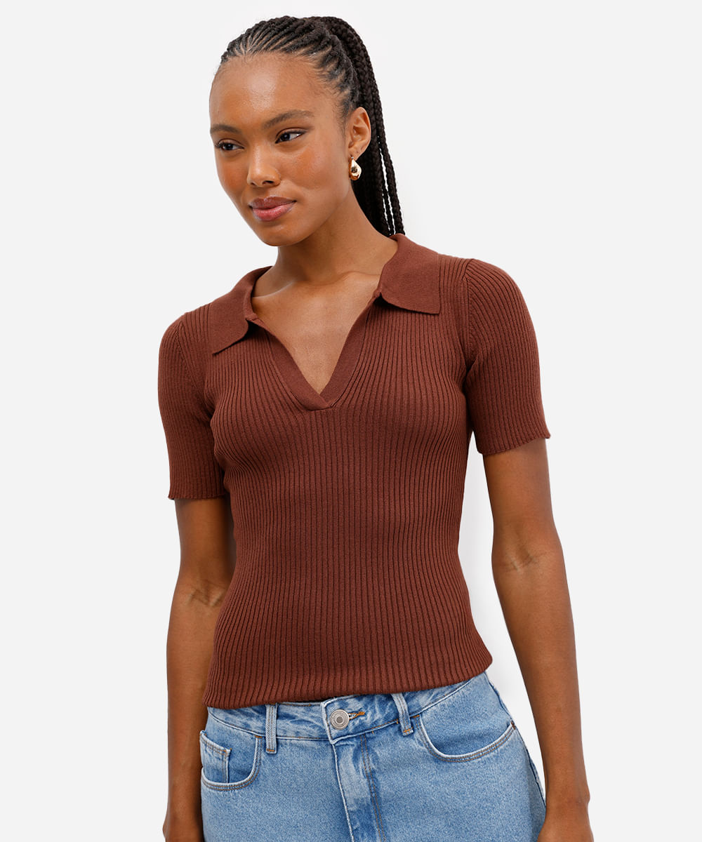 polo feminina tricot canelado marrom