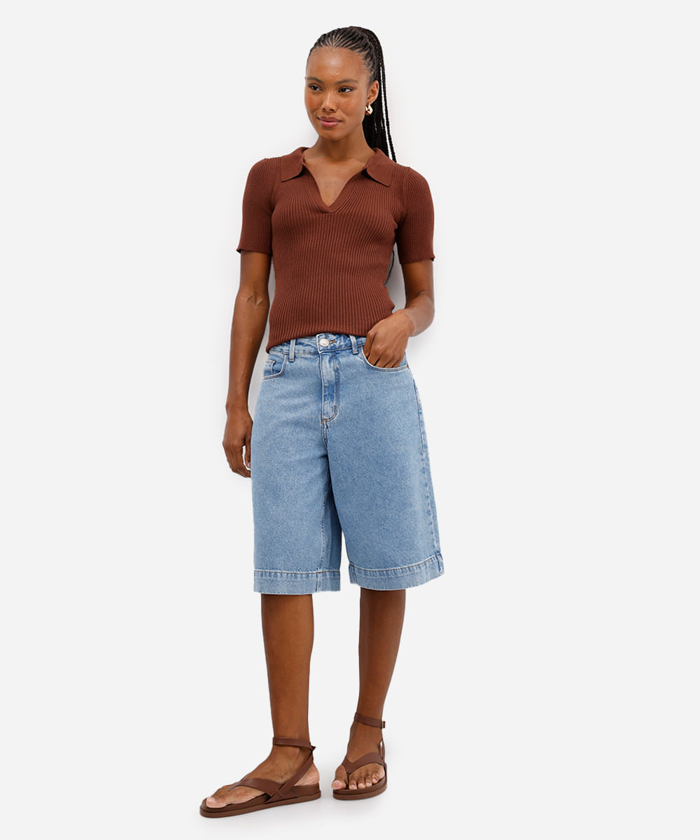 polo feminina tricot canelado marrom
