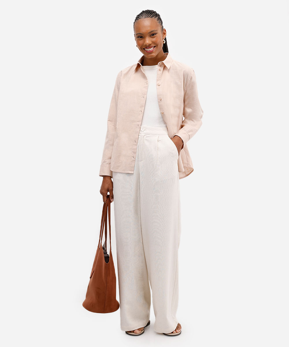 camisa feminina de algodão manga longa bege