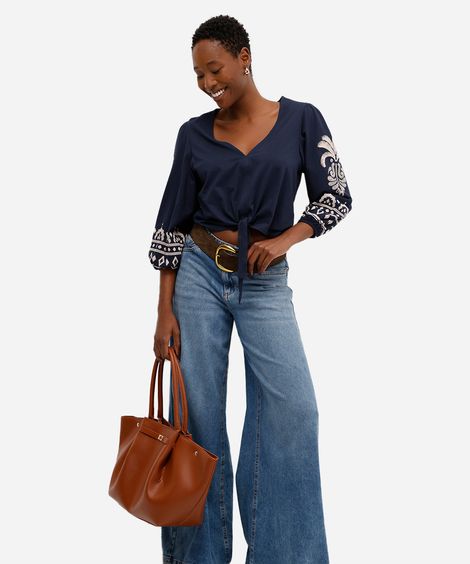 bata feminina de algodão manga bufante com arabesco azul
