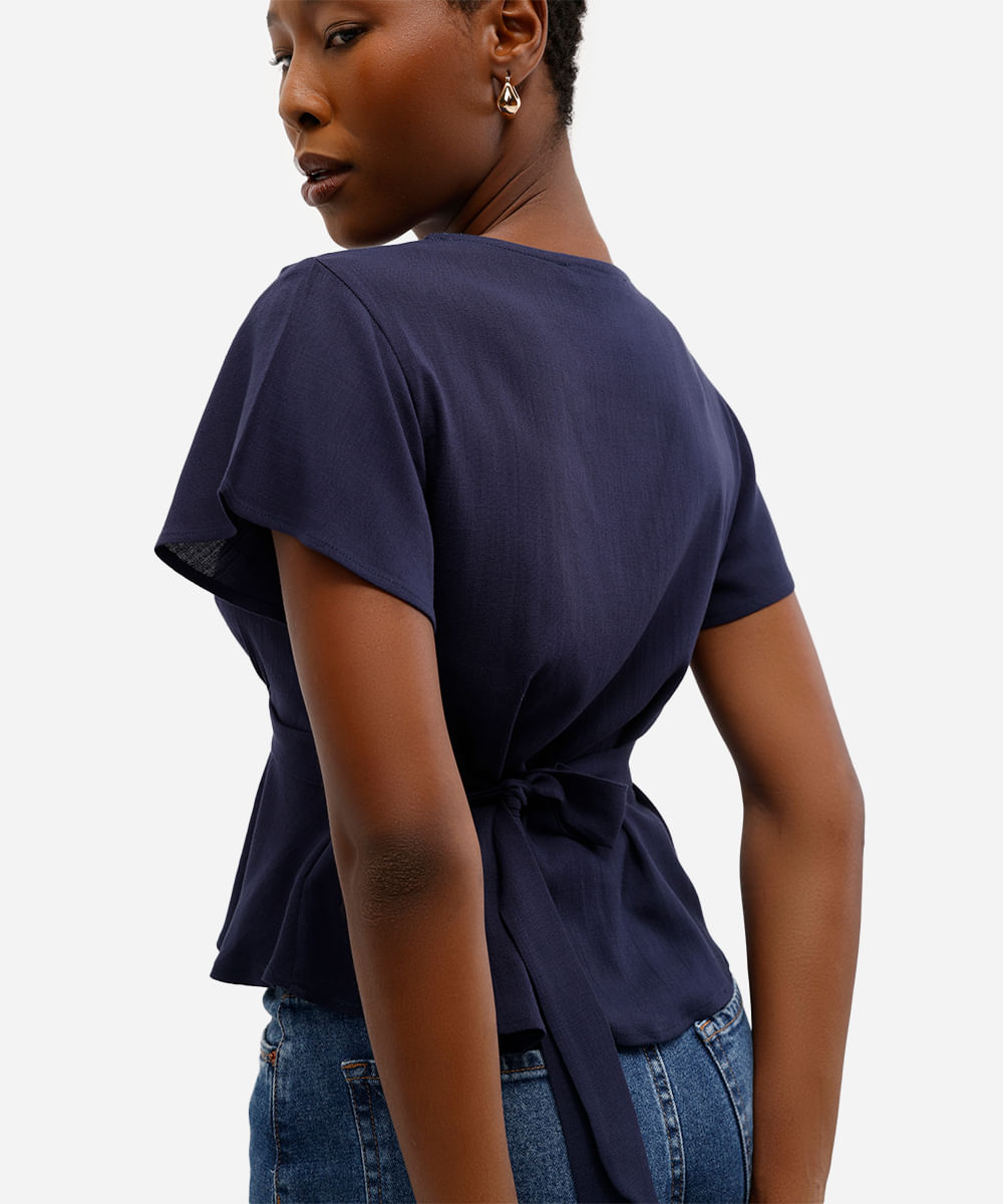 blusa feminina de viscose decote v com amarração azul