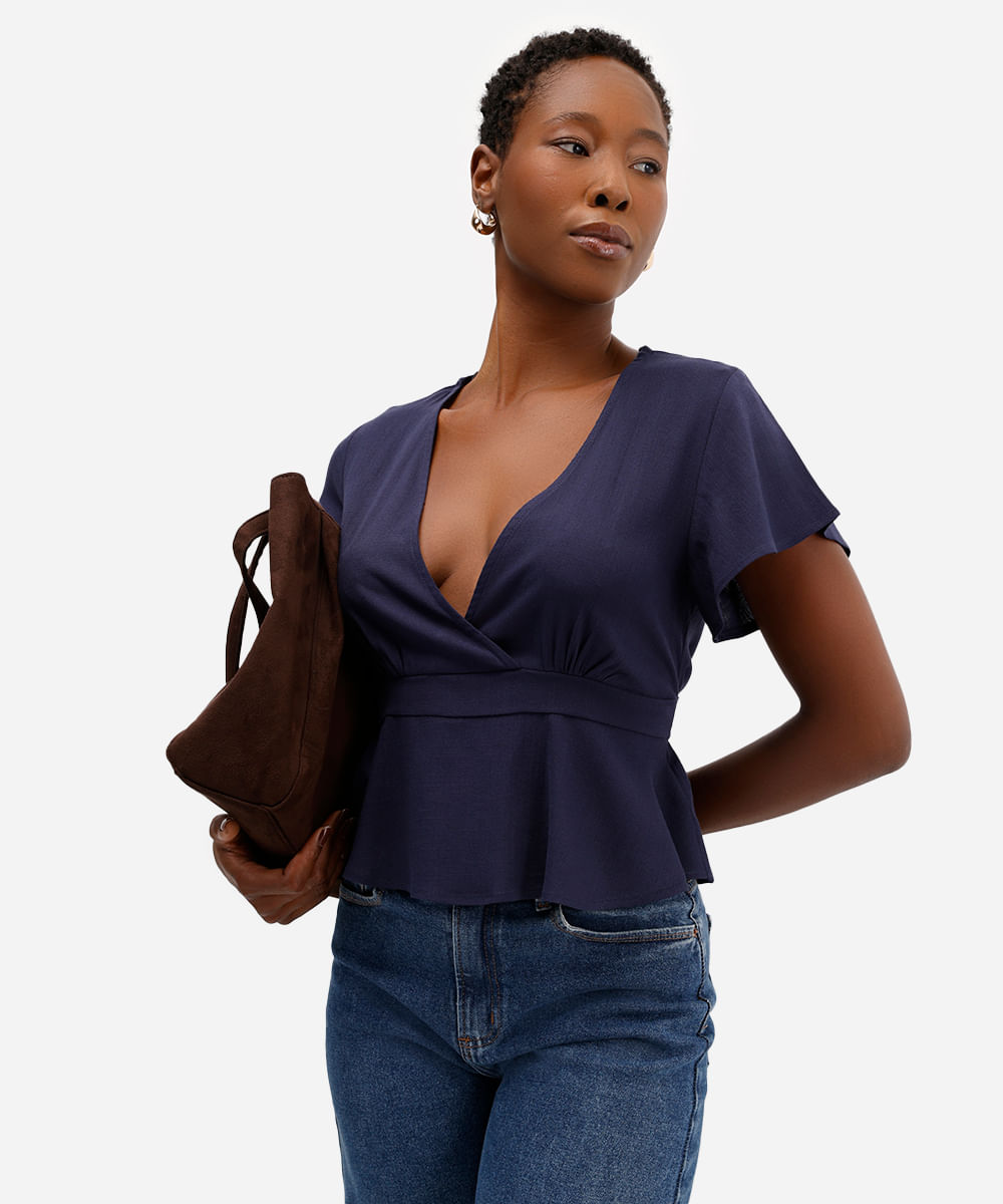 blusa feminina de viscose decote v com amarração azul