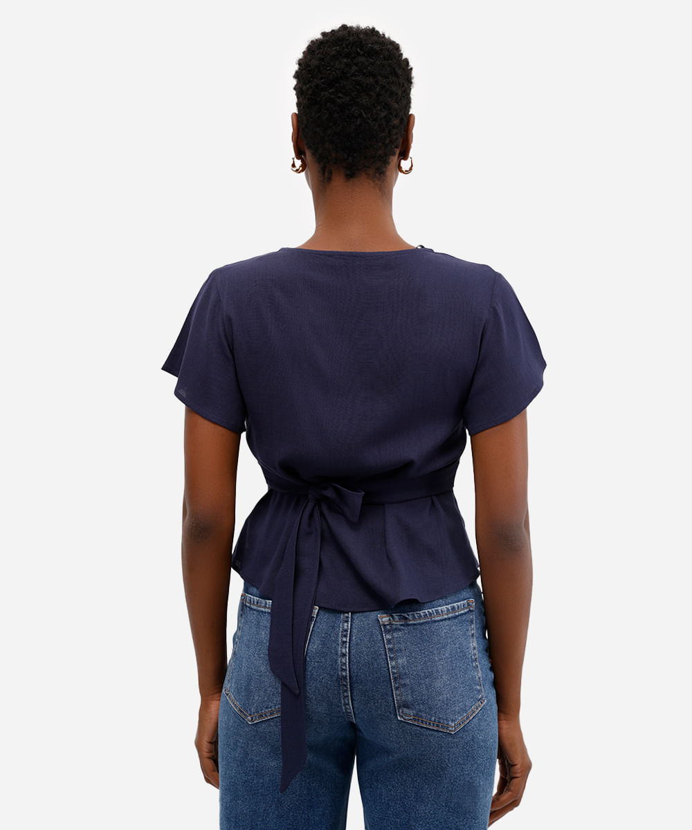 blusa feminina de viscose decote v com amarração azul