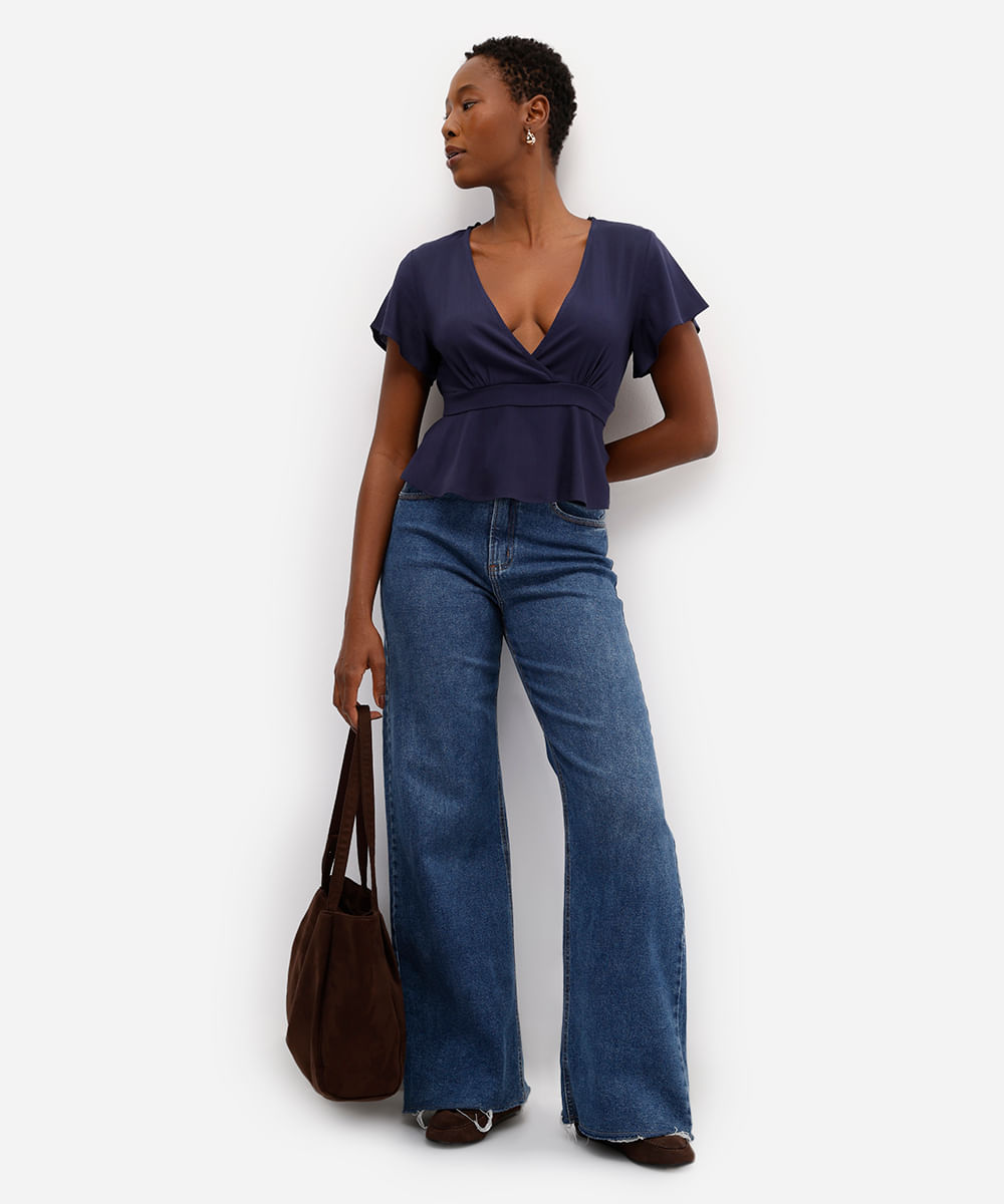 blusa feminina de viscose decote v com amarração azul