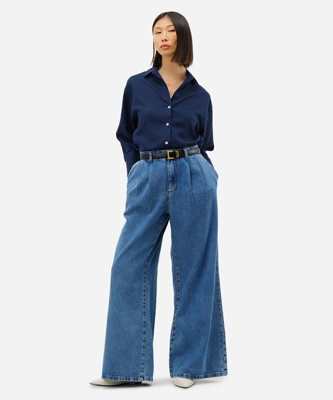 calça super wide leg feminina jeans com pregas - jeans medio