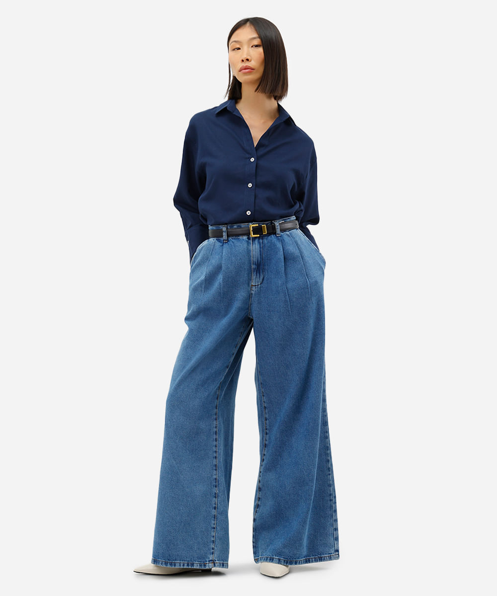 calça super wide leg feminina jeans com pregas - jeans medio