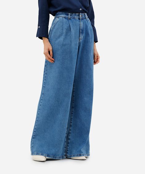 calça super wide leg feminina jeans com pregas - jeans medio
