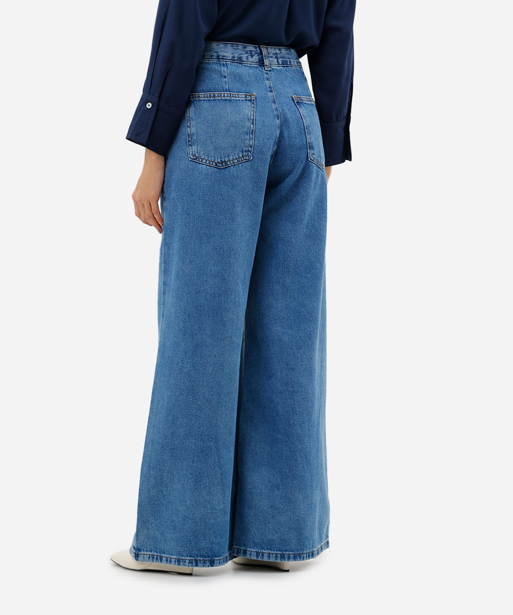 calça super wide leg feminina jeans com pregas - jeans medio